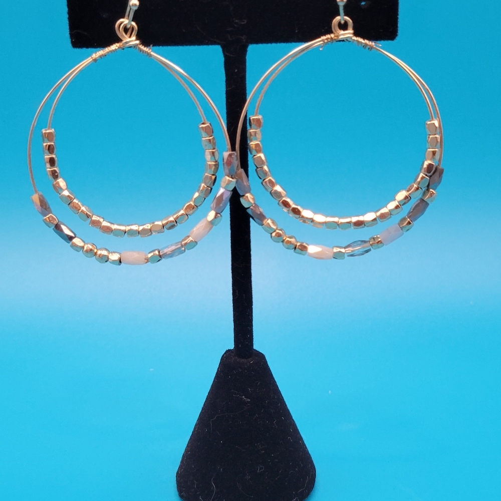 Vintage Hoop Earrings with Gold and Silver Beads.  Very Boho.  Lightweight. - Picture 2 of 6